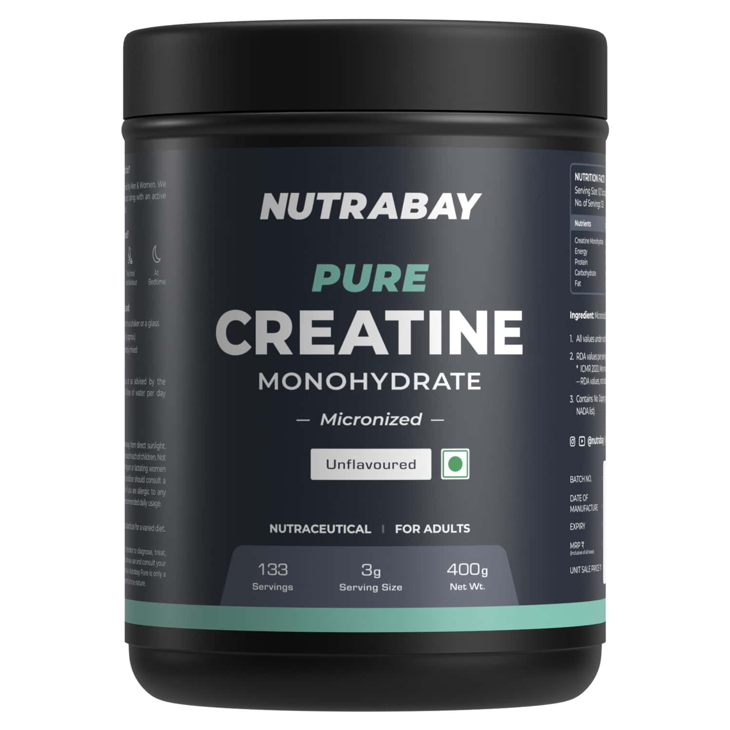 Nutrabay Pure Micronised Creatine Monohydrate Powder | Trustified Certified | 3g/serving - 400g
