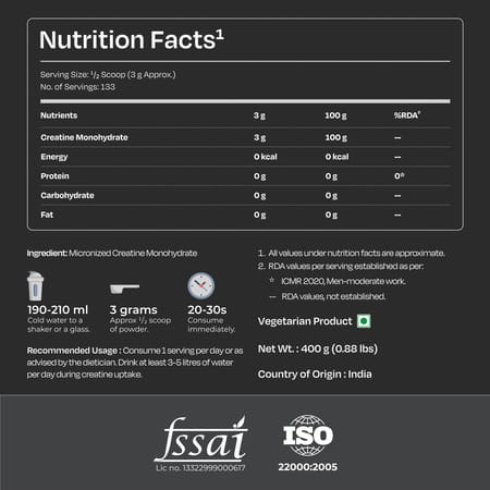 Nutrabay Pure Micronised Creatine Monohydrate Powder | Trustified Certified | 3g/Serving - 400g