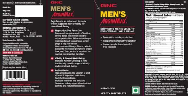 Gnc Men's Arginmax Vitality Tablets Bottle Of 90