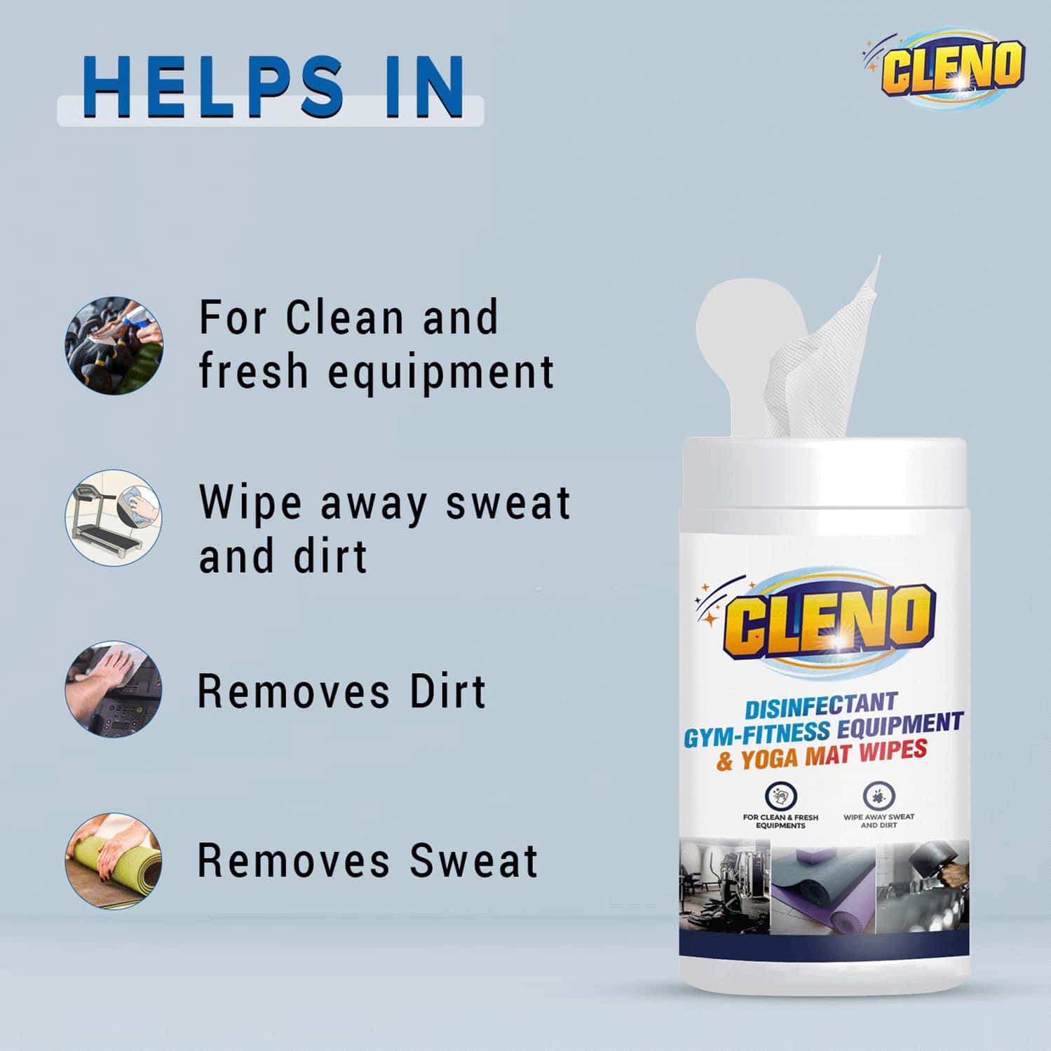 Buy CLENO DISINFECTANT GYM FITNESS EQUIPMENT & YOGA MAT WET WIPES 50