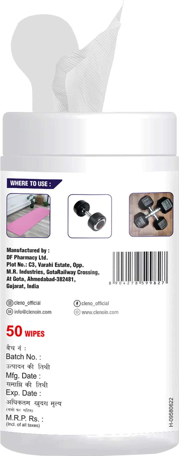 Buy CLENO DISINFECTANT GYM FITNESS EQUIPMENT & YOGA MAT WET WIPES 50