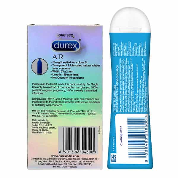 Durex Air Condoms 10 Count With Durex Lube Tingling Lubricant Gel For Men & Women - 50Ml