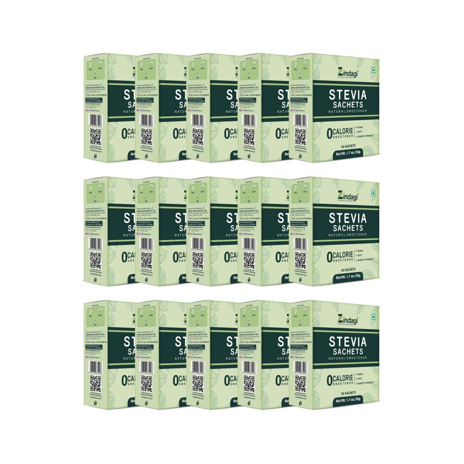 Zindagi Stevia Powder Sachets| Zero Calorie Sweetener|100% Natural Stevia|50 Sachets |pack Of 15