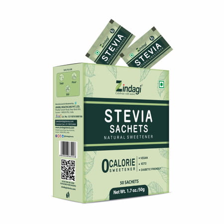 Zindagi Stevia Powder Sachets| Zero Calorie Sweetener|100% Natural Stevia|50 Sachets |Pack Of 15