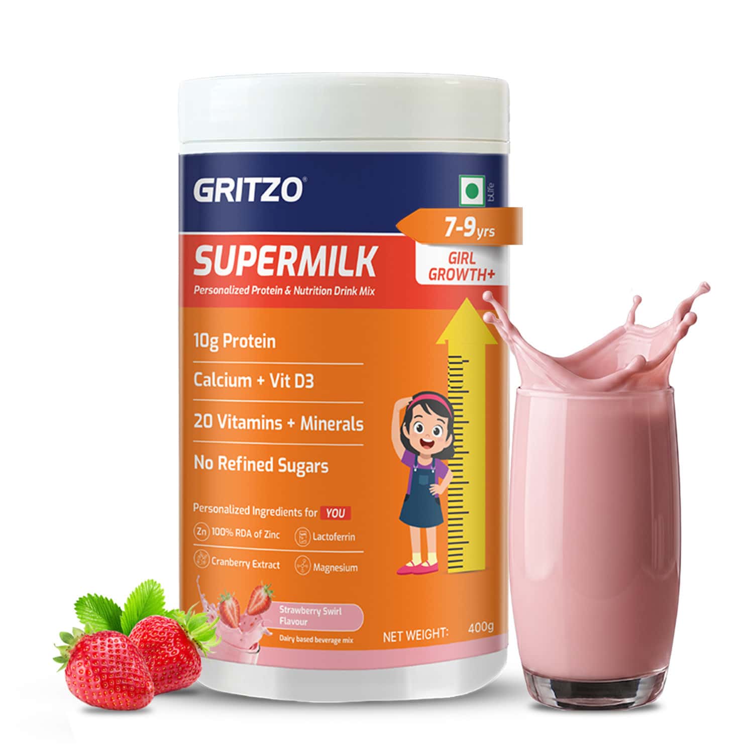Gritzo Supermilk Growth+ | 7-9y Girls | 10g Protein | Strawberry Swirl | 400gm