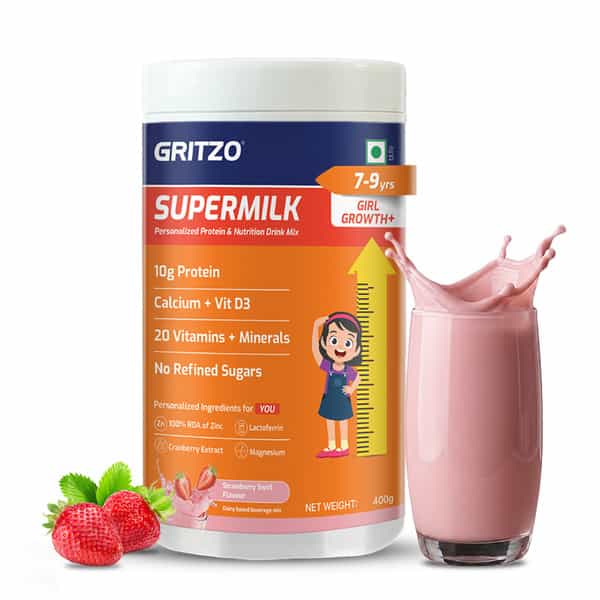 Gritzo Supermilk Growth+ | 7-9Y Girls | 10G Protein | Strawberry Swirl | 400Gm