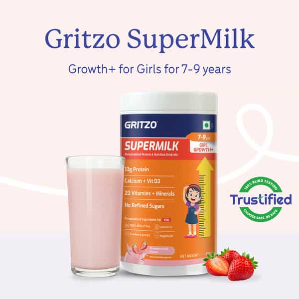 Gritzo Supermilk Growth+ | 7-9Y Girls | 10G Protein | Strawberry Swirl | 400Gm
