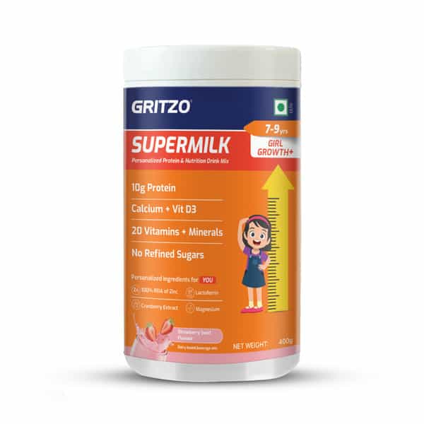 Gritzo Supermilk Growth+ | 7-9Y Girls | 10G Protein | Strawberry Swirl | 400Gm