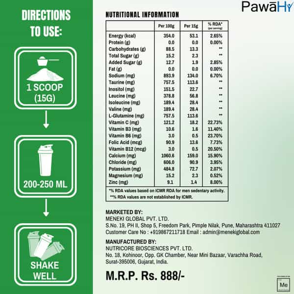 Pawahy Isotonic Energy Drink Endurance Workout Electrolyte Drink With 2:1:1 Bcaa- 1Kg (Green Mango)
