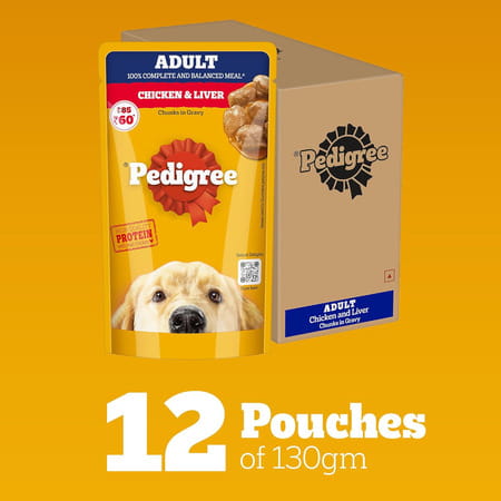 Pedigree Adult Wet Dog Food | Chicken & Liver Chunks In Gravy | 130 G (Pack Of 12)