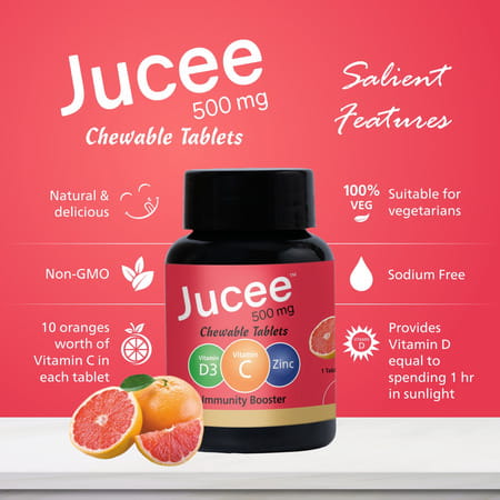 Jucee Chewable Tablets 60 Caps | Vitamins & Zinc | Grape Fruit Flavour (Pack Of 4)
