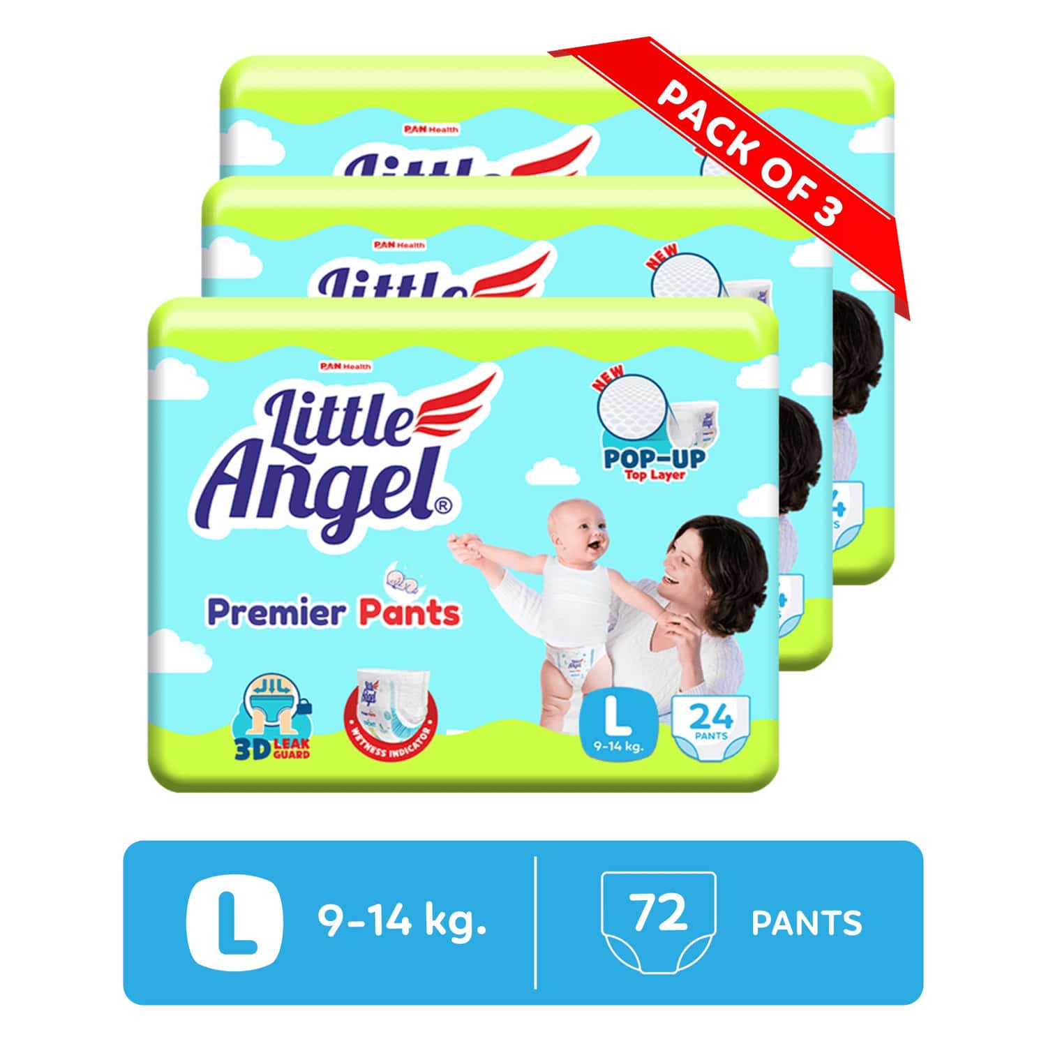 Little Angel Premier Pants Baby Diapers Large (L) Size 72 Count Pack Of 3 24 Count/Pack 9-14 Kg