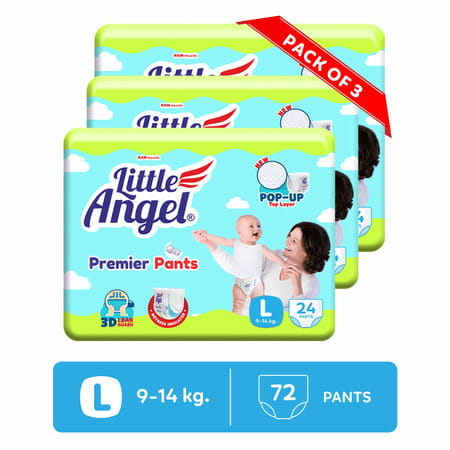 Little Angel Premier Pants Baby Diapers Large (L) Size 72 Count Pack Of 3 24 Count/Pack 9-14 Kg