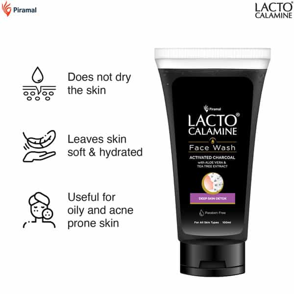 Lacto Calamine Charcoal Face Wash - 100 Ml With Aloe Vera & Tea Tree Removes Blackheads & Whiteheads