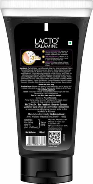 Lacto Calamine Charcoal Face Wash - 100 Ml With Aloe Vera & Tea Tree Removes Blackheads & Whiteheads