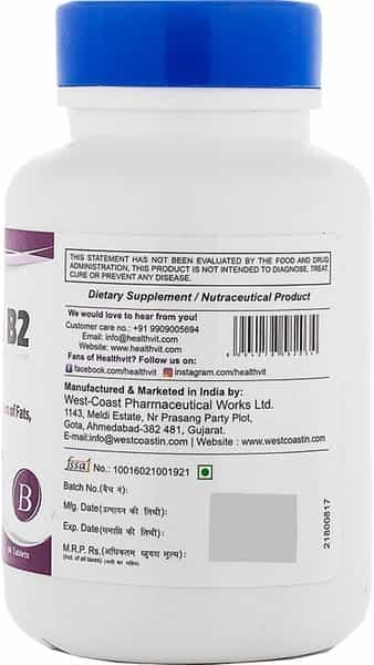 Healthvit Vitamin B2 Riboflavin 100Mg Multivitamin Tablets Bottle Of 60