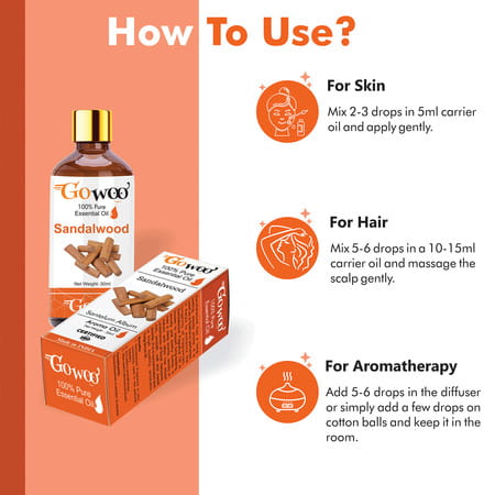 Go Woo 100% Pure Sandalwood Oil For Skin & Face Best Therapeutic Grade For Aromatherapy 30 Ml
