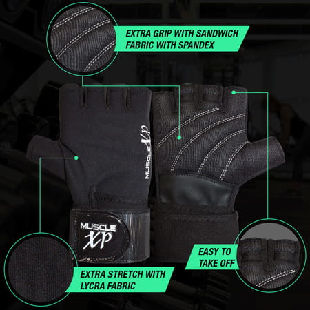 Musclexp Maestro-Wrap Fitness Workout Gym Gloves Breathable Moisture-Absorbing Unisex (Black)1 Pair