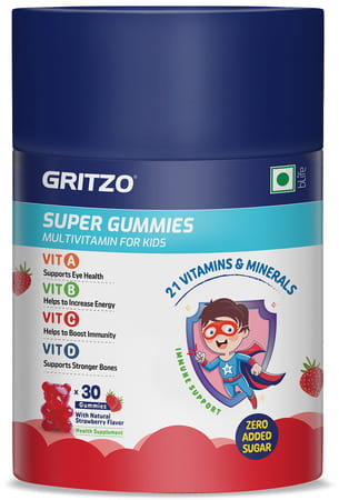 Gritzo Super Gummies | Kids | 21 Vitamins & Minerals | Natural Strawberry Flavour | 30 Gummies