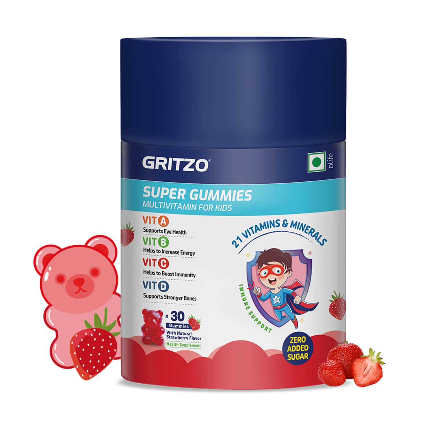 Gritzo Super Gummies | Kids | 21 Vitamins & Minerals | Natural Strawberry Flavour | 30 Gummies