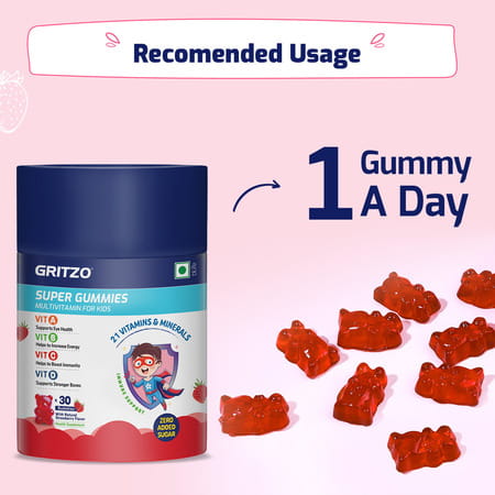 Gritzo Super Gummies | Kids | 21 Vitamins & Minerals | Natural Strawberry Flavour | 30 Gummies