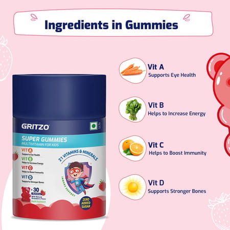 Gritzo Super Gummies | Kids | 21 Vitamins & Minerals | Natural Strawberry Flavour | 30 Gummies