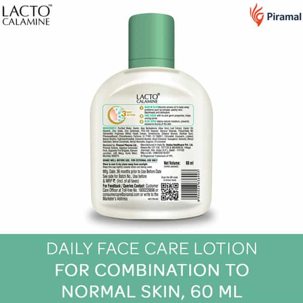 Lacto Calamine | Face Lotion | Kaolin Clay With Aloe Vera | Combination To Normal Skin | 60 Ml