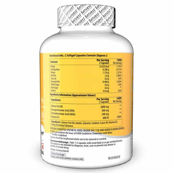 Naturyz Burpfree Salmon Fish Oil 2000 Mg With Vitamin D3 For Skin, Eyes, Heart & Brain (90 Softgels)