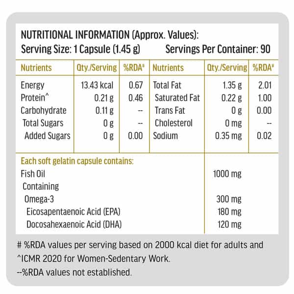 Hk Vitals Omega 3 (90 Fish Oil Capsules) | 1000Mg Omega 3 With 180Mg Epa & 120Mg Dha