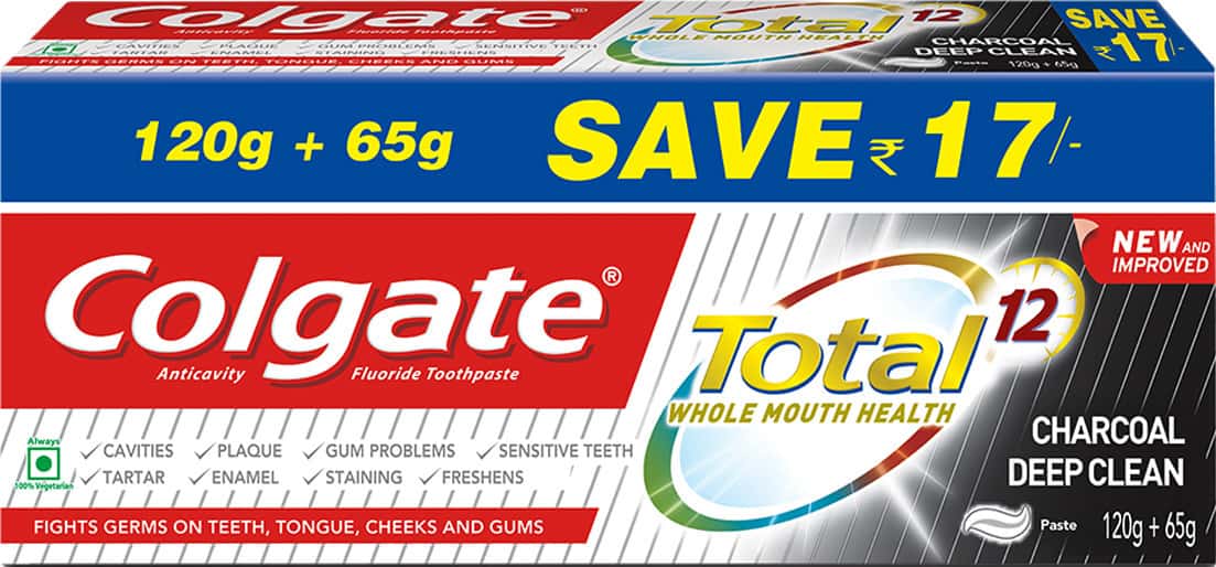 Colgate Total Whole Mouth Health Antibacterial Toothpaste - 185g (Charcoal Deep Clean Saver Pack)