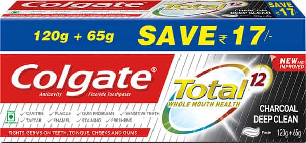 Colgate Total Whole Mouth Health Antibacterial Toothpaste - 185G (Charcoal Deep Clean Saver Pack)