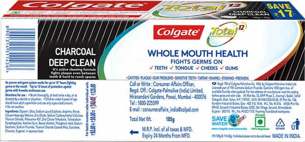 Colgate Total Whole Mouth Health Antibacterial Toothpaste - 185G (Charcoal Deep Clean Saver Pack)