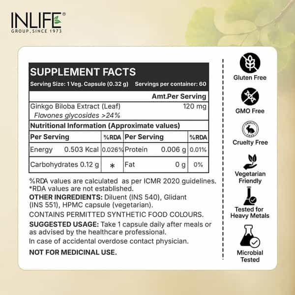 Inlife Ginkgo Biloba Extract - 120Mg Memory Brain Support - 60 Capsules