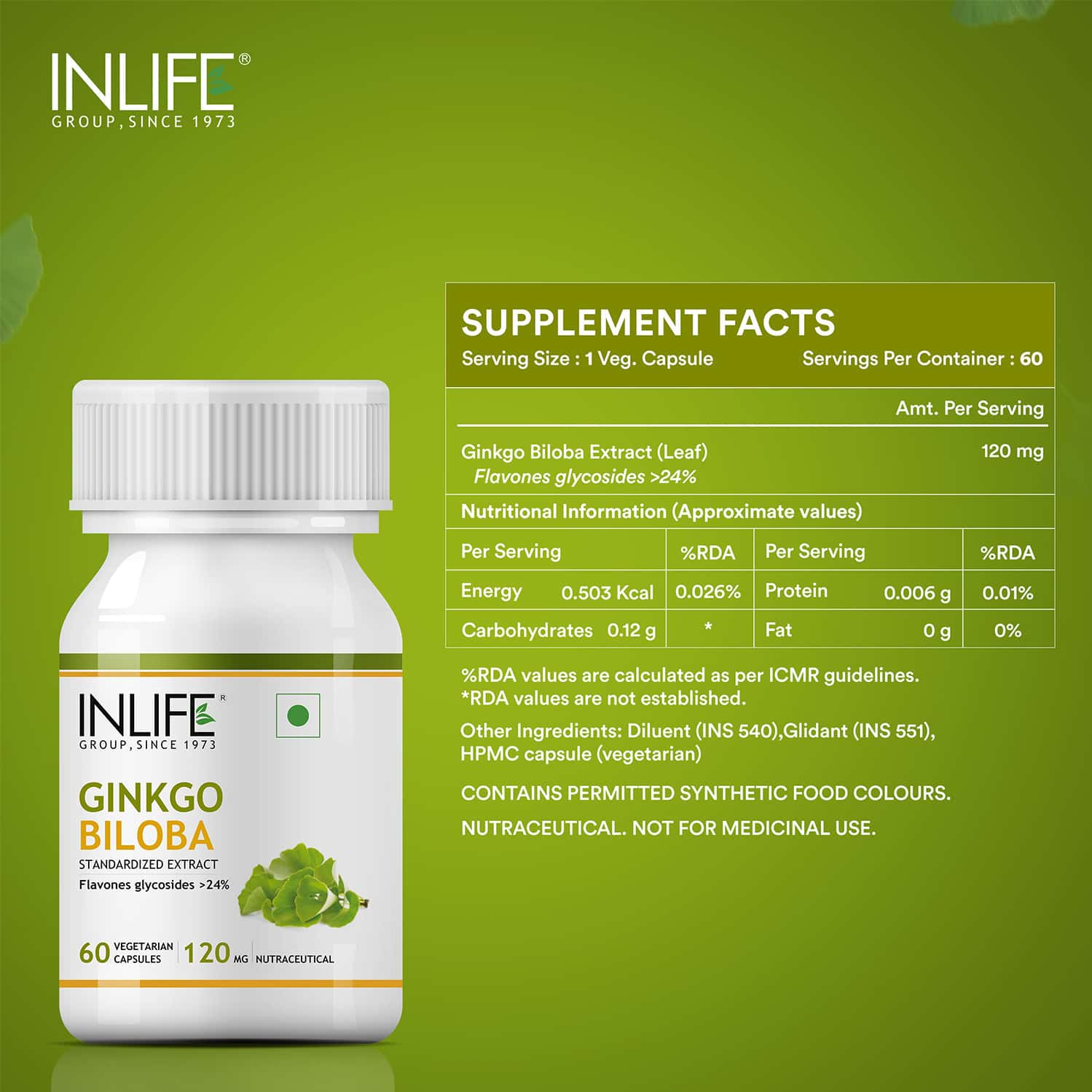 Inlife Ginkgo Biloba Extract (Flavons Glycosides > 24%) 120mg -Healthy Brain Function -60 Veg Caps