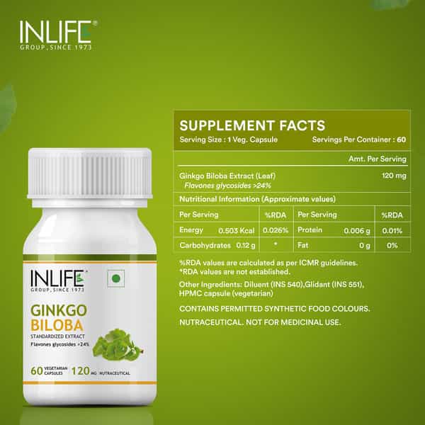 Inlife Ginkgo Biloba Extract (Flavons Glycosides > 24%) 120Mg -Healthy Brain Function -60 Veg Caps