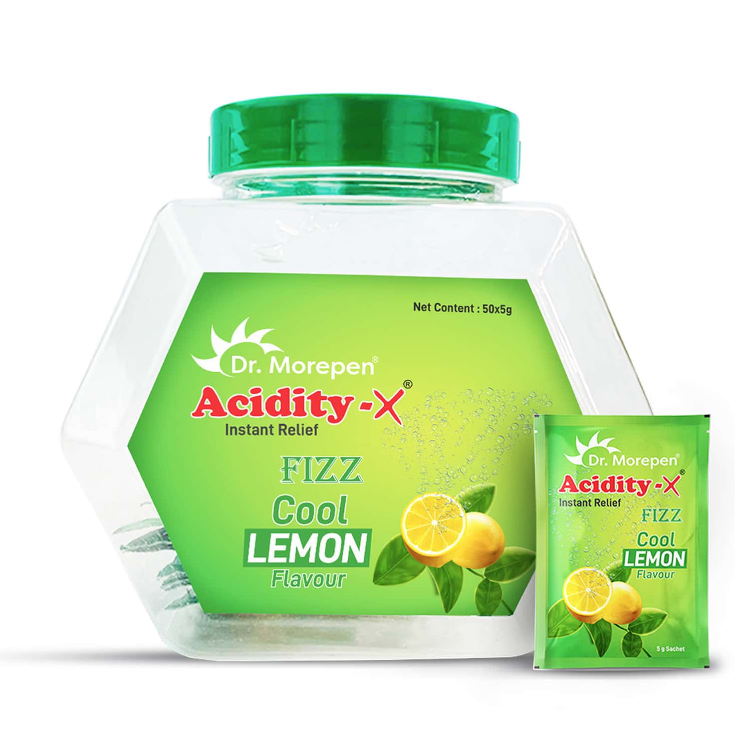 Dr. Morepen Acidity X Fizz Instant Relief Fruit Salt | Refreshing Lemon | Jar | 50 No's