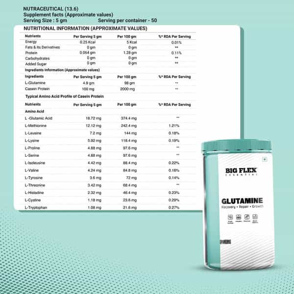 Bigflex Essential Glutamine Powder (Unflavoured) (250Gm) - Jar