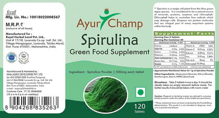 Ayur Champ - Pack Of 2 -Spirulina Tablets. Green Food Supplement 500Mg 120 Tablets