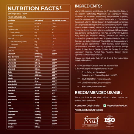 Nutrabay Pro Active Multivitamin For Men - 25 Vitamins & Minerals - 120 Veg Multivitamin Tablet