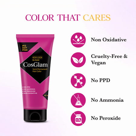 Cosglam Semi Permanent Hair Color | No Peroxide | Ammonia Free Hair Colour 12 Hot Pink - 120gm