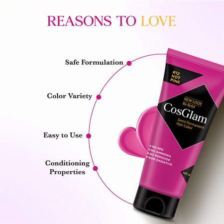 Cosglam Semi Permanent Hair Color | No Peroxide | Ammonia Free Hair Colour 12 Hot Pink - 120gm