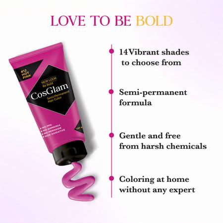 Cosglam Semi Permanent Hair Color | No Peroxide | Ammonia Free Hair Colour 12 Hot Pink - 120gm