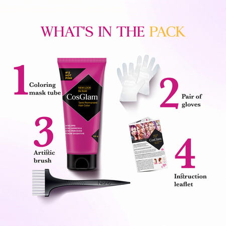 Cosglam Semi Permanent Hair Color | No Peroxide | Ammonia Free Hair Colour 12 Hot Pink - 120gm