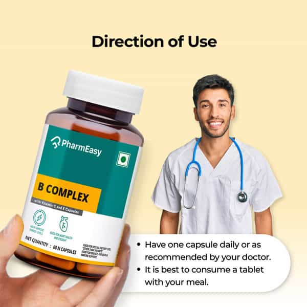 Pharmeasy Vitamin B Complex With Folic Acid - Improves Energy - Heart & Eye Health - Bottle Of 60
