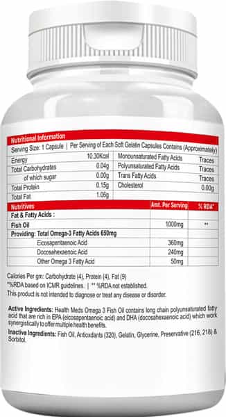 Healthmeds Omega-3 Fish Oil Fatty Acids 360Mg Epa & 240Mg Dha Double Strength 60 Softgel Caps