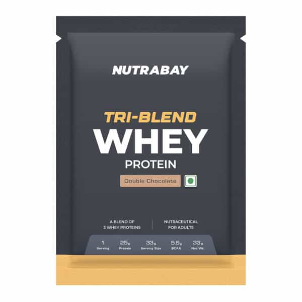 Nutrabay Gold Tri Blend Whey Protein Powder -Double Chocolate | 25G Protein | 5.5G Bcaa | 33Gm