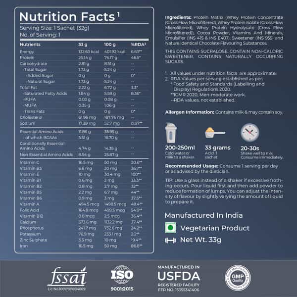 Nutrabay Gold Tri Blend Whey Protein Powder -Double Chocolate | 25G Protein | 5.5G Bcaa | 33Gm