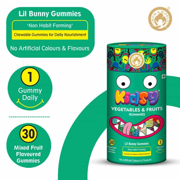 Mom & World Kidsy Vegetables & Fruits Gummies For Kids-30 (Mixed Fruit Flavoured) (Pack Of 2)