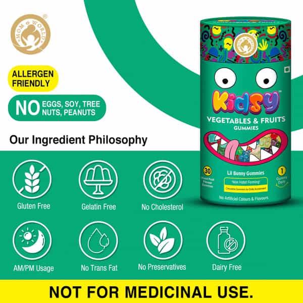 Mom & World Kidsy Vegetables & Fruits Gummies For Kids-30 (Mixed Fruit Flavoured) (Pack Of 2)