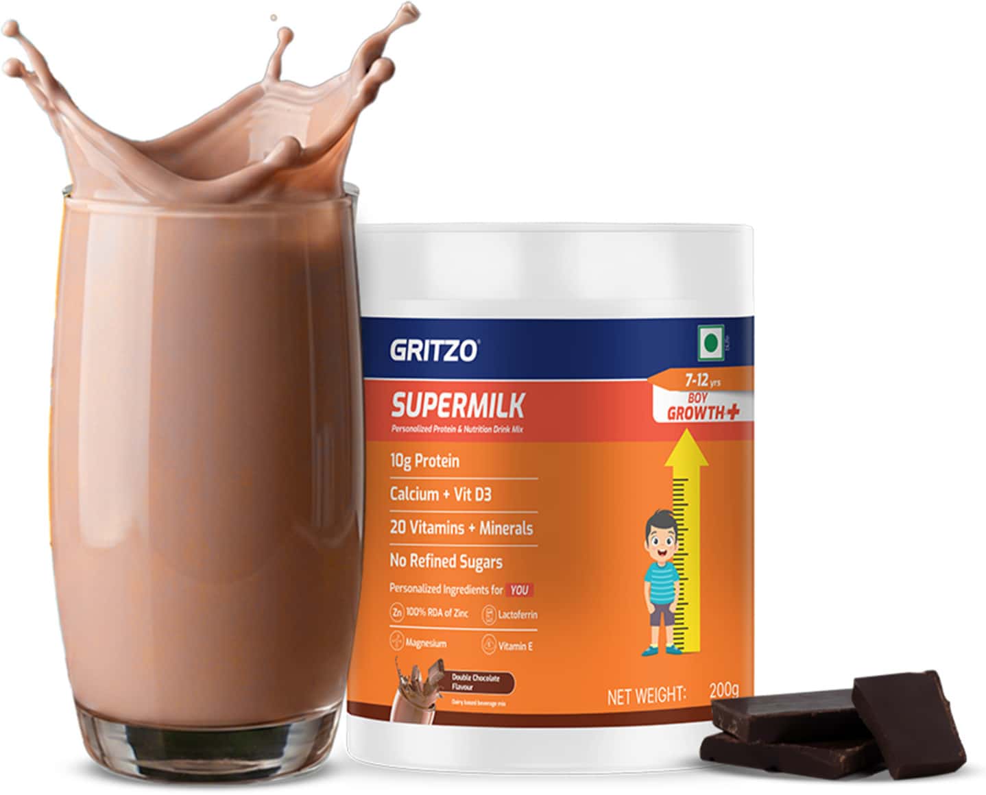 Gritzo Supermilk Growth+ (7-12y Boys) | 10g Protein (Double Chocolate | 200g) | Zero Refined Sugar